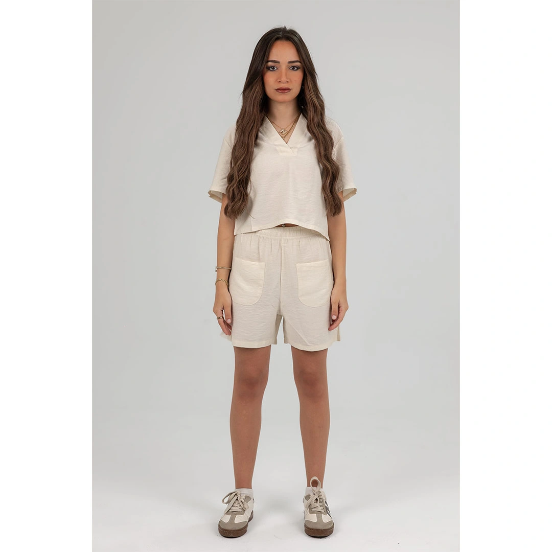 طقم نسائي كتان شورت وتوب - بيج