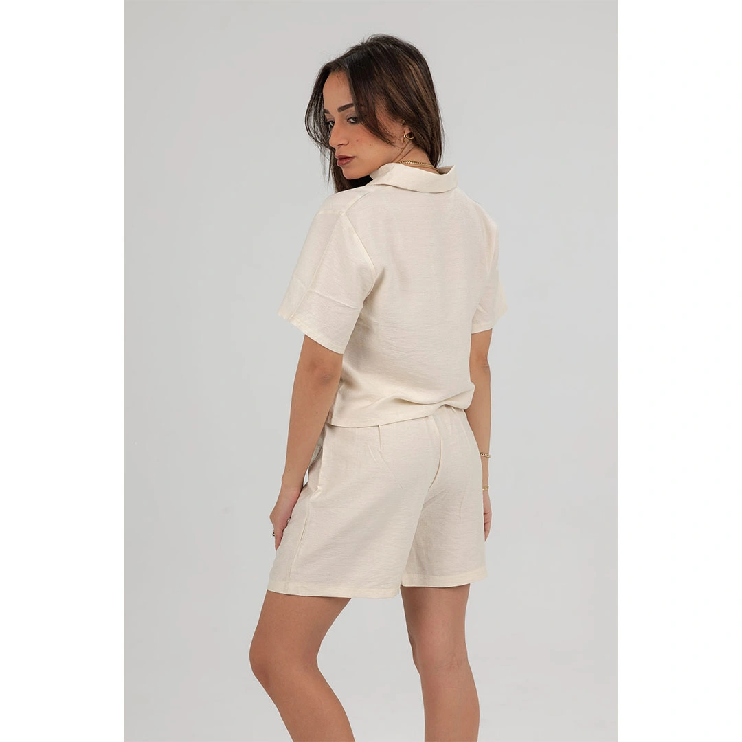 طقم نسائي كتان شورت وتوب - بيج