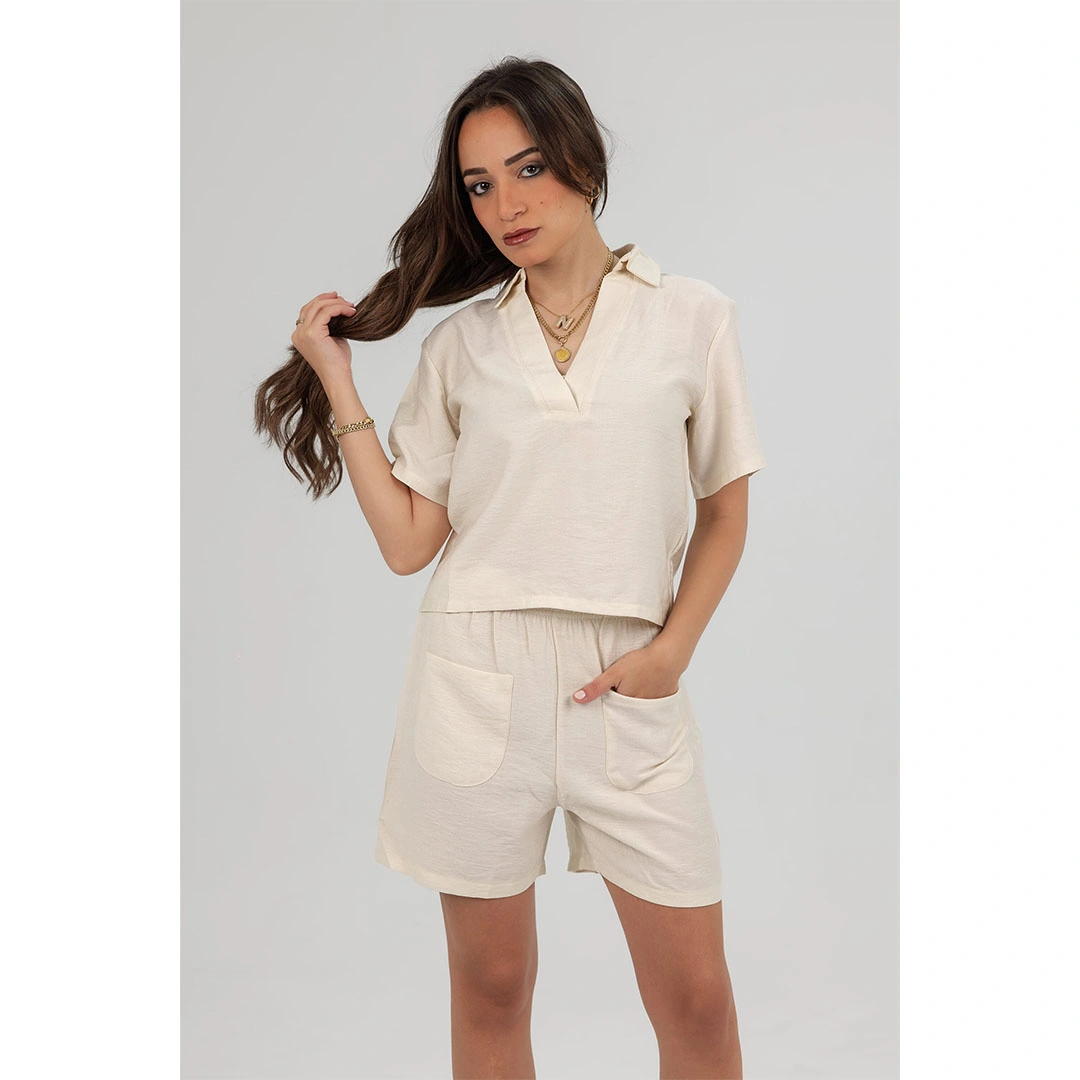 طقم نسائي كتان شورت وتوب - بيج