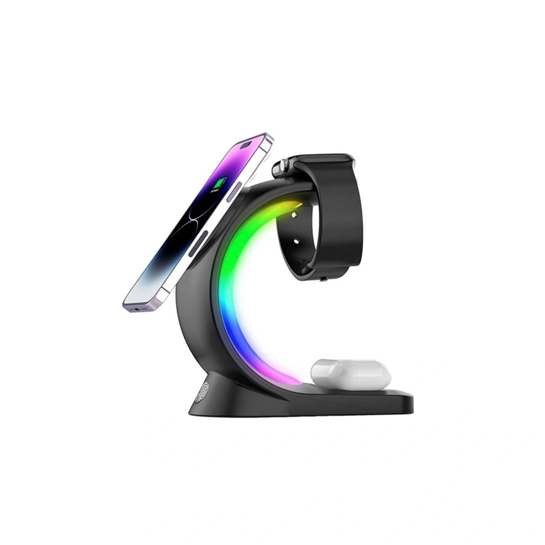 شاحن لاسلكي مغناطيسي 3 في 1 مع ضوء RGB - بقوة 15 وات - T17 - أسود