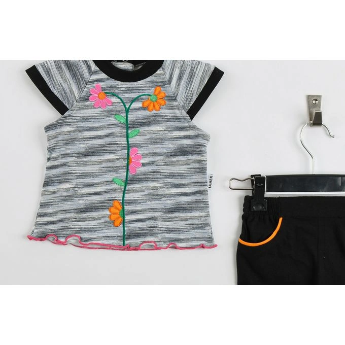 طقم قطن بناتي للصيف - 2 قطعة - أسود/رمادي