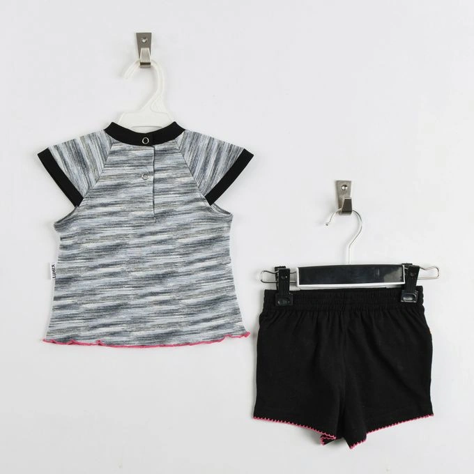 طقم قطن بناتي للصيف - 2 قطعة - أسود/رمادي