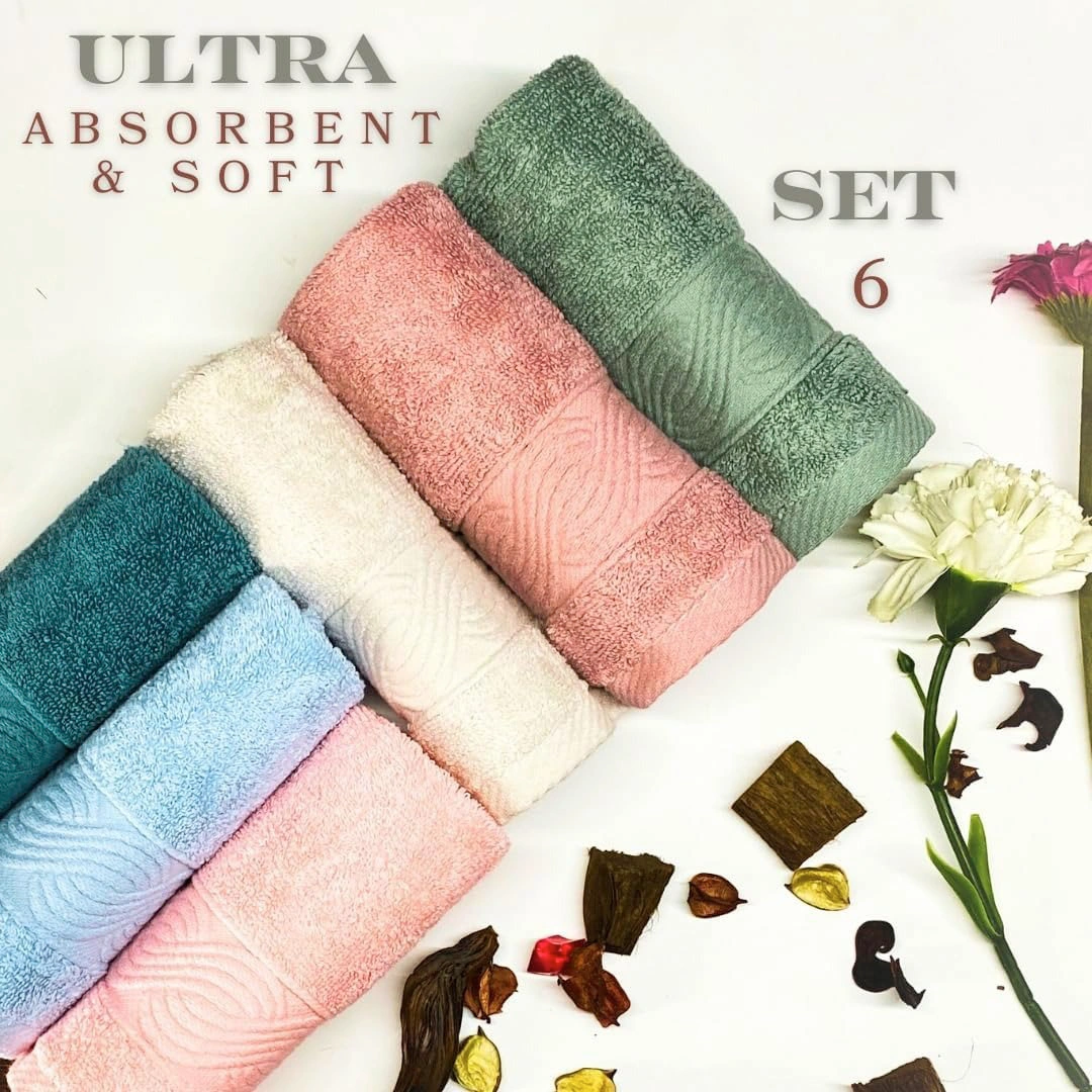 طقم فوطة حمام قطن - 6 قطع - روز/لبني/زيتي/اوف وايت/كشمير/جنزاري