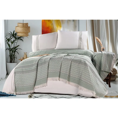 طقم سرير كوفرتة و خدادية بيكا قطن  - 4 قطع - مينت جرين