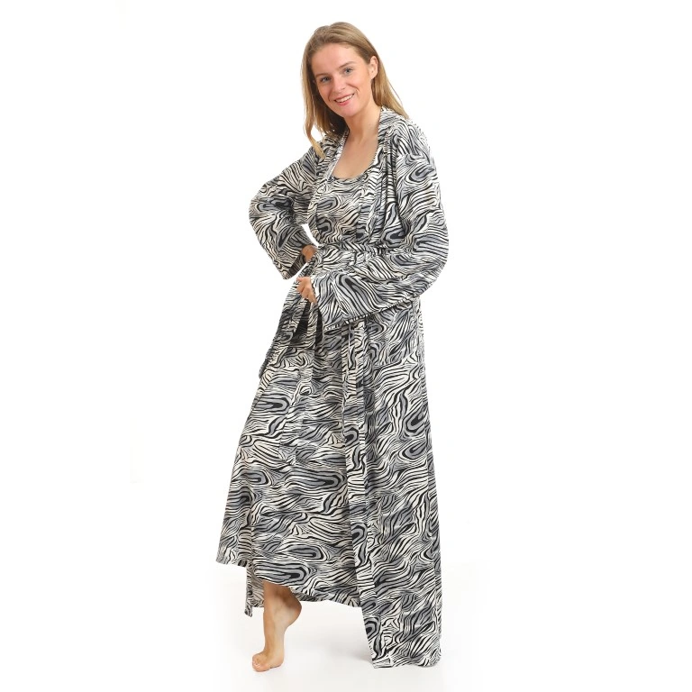 طقم قميص نوم مع روب طويل مخطط