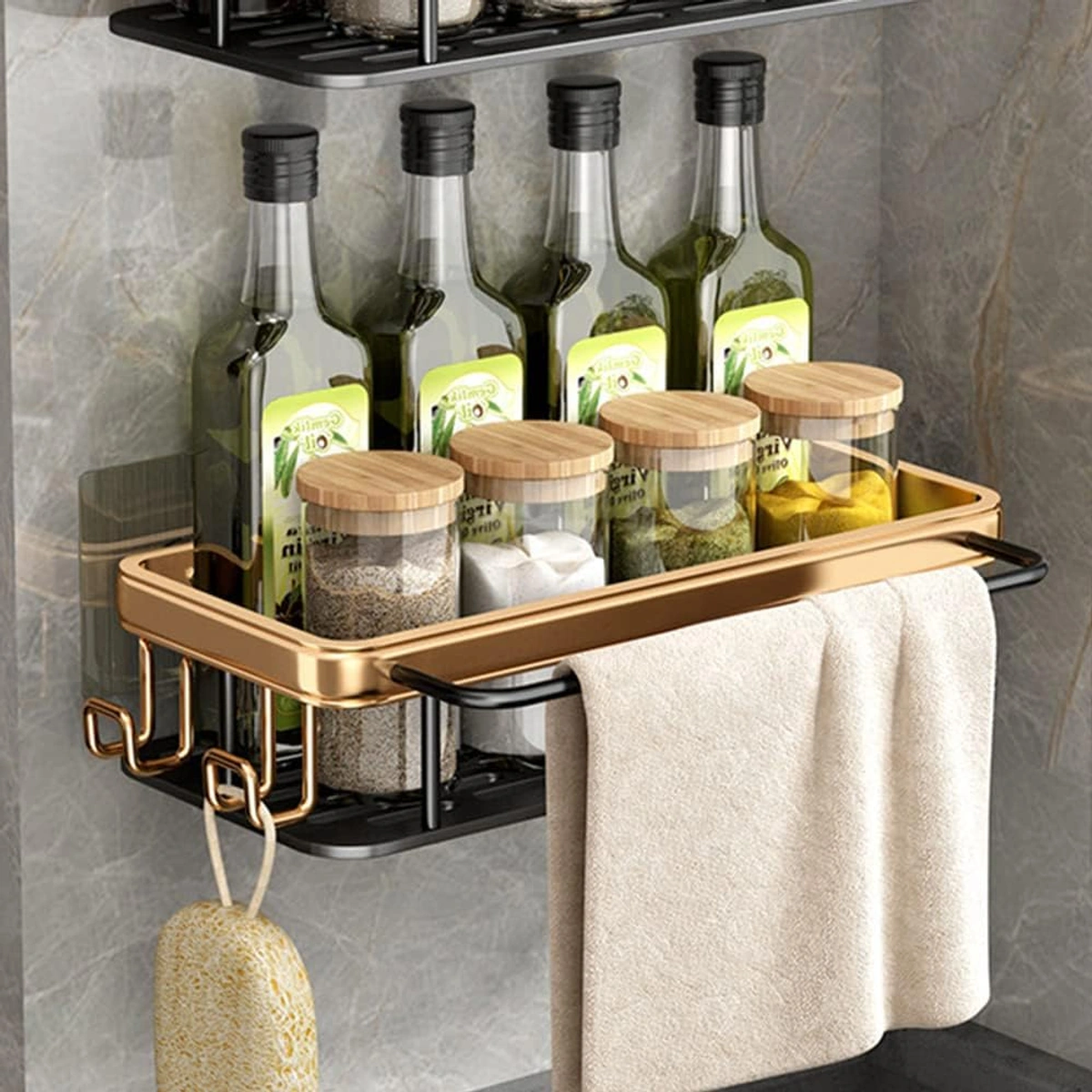 رف حمام منظم لمستحضرات التجميل - أسود/ذهبي