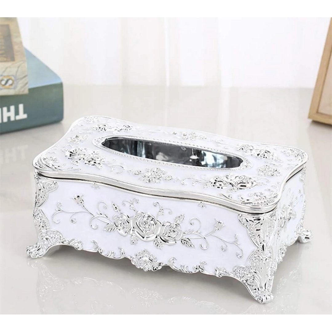 حامل مناديل منقوش - أبيض/فضي