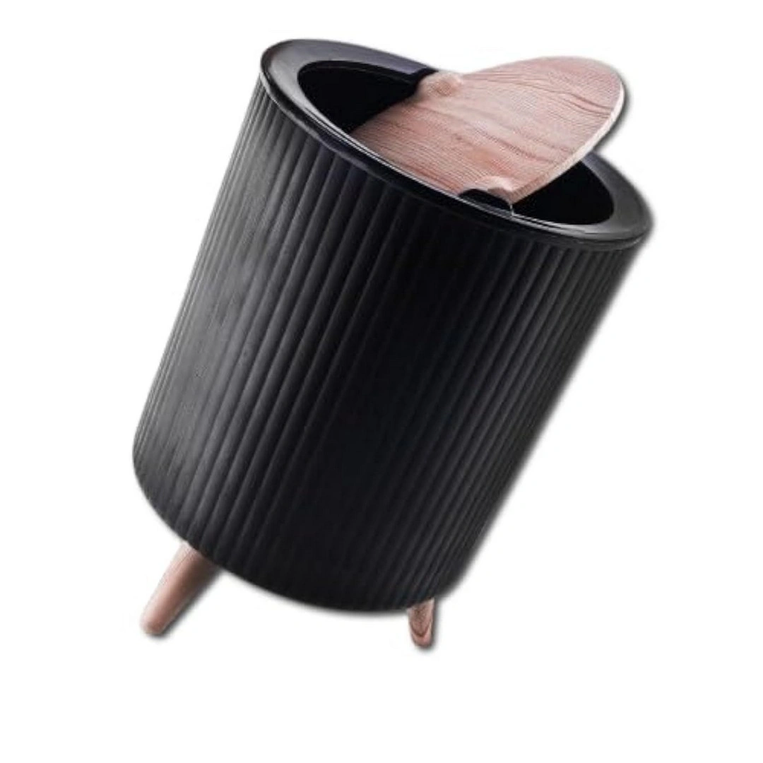 سلة مهملات بغطاء وأرجل خشبية - أسود