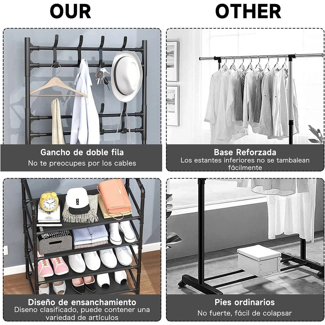 رف أحذية ومعاطف متعدد الوظائف - أسود