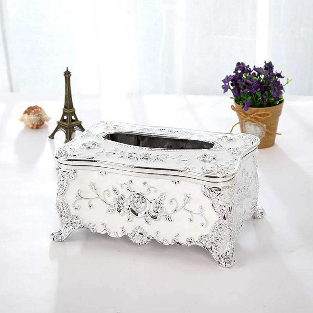 حامل مناديل منقوش - أبيض/فضي