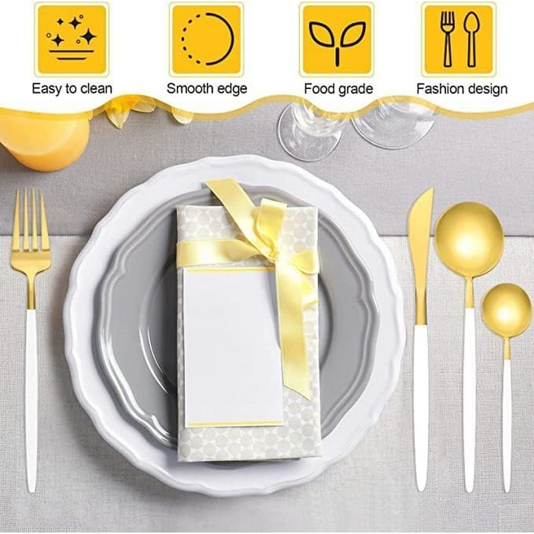 طقم أدوات مائدة من الفولاذ المقاوم للصدأ - 24 قطعة - أبيض/ذهبي