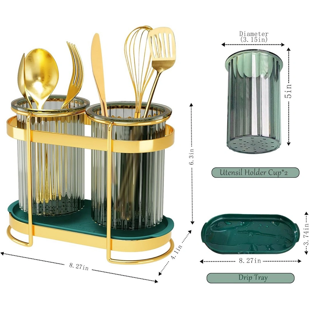 حامل أدوات مطبخ - أخضر/ذهبي
