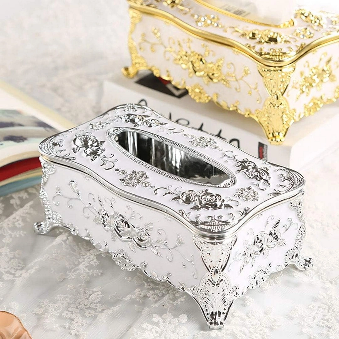 حامل مناديل منقوش - أبيض/فضي