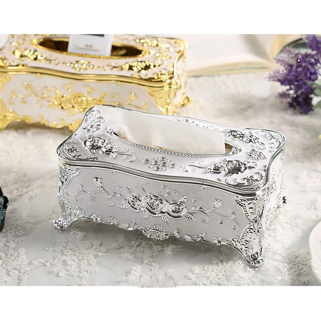 حامل مناديل منقوش - أبيض/فضي