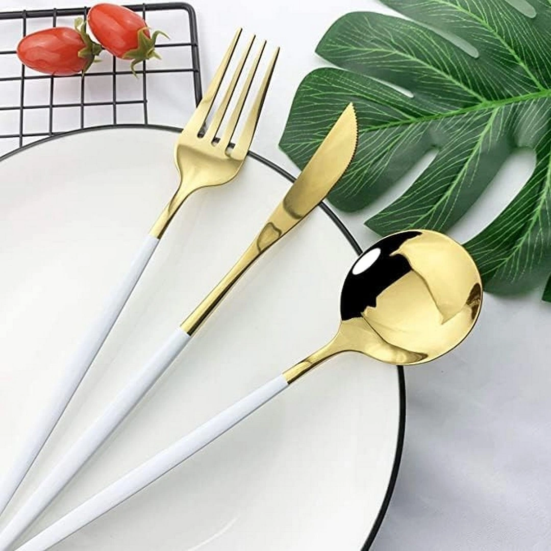 طقم أدوات مائدة من الفولاذ المقاوم للصدأ - 24 قطعة - أبيض/ذهبي