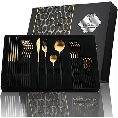 طقم أدوات مائدة من الفولاذ المقاوم للصدأ - 24 قطعة - أسود/ذهبي