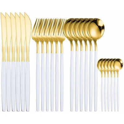 طقم أدوات مائدة من الفولاذ المقاوم للصدأ - 24 قطعة - أبيض/ذهبي