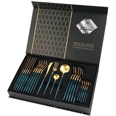 طقم أدوات مائدة أنيق من الفولاذ المقاوم للصدأ - أخضر/ذهبي