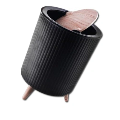 سلة مهملات بغطاء وأرجل خشبية - أسود