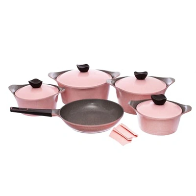 طقم حلل جرانيت نيوفلام - 11 قطعة - رخام وردي