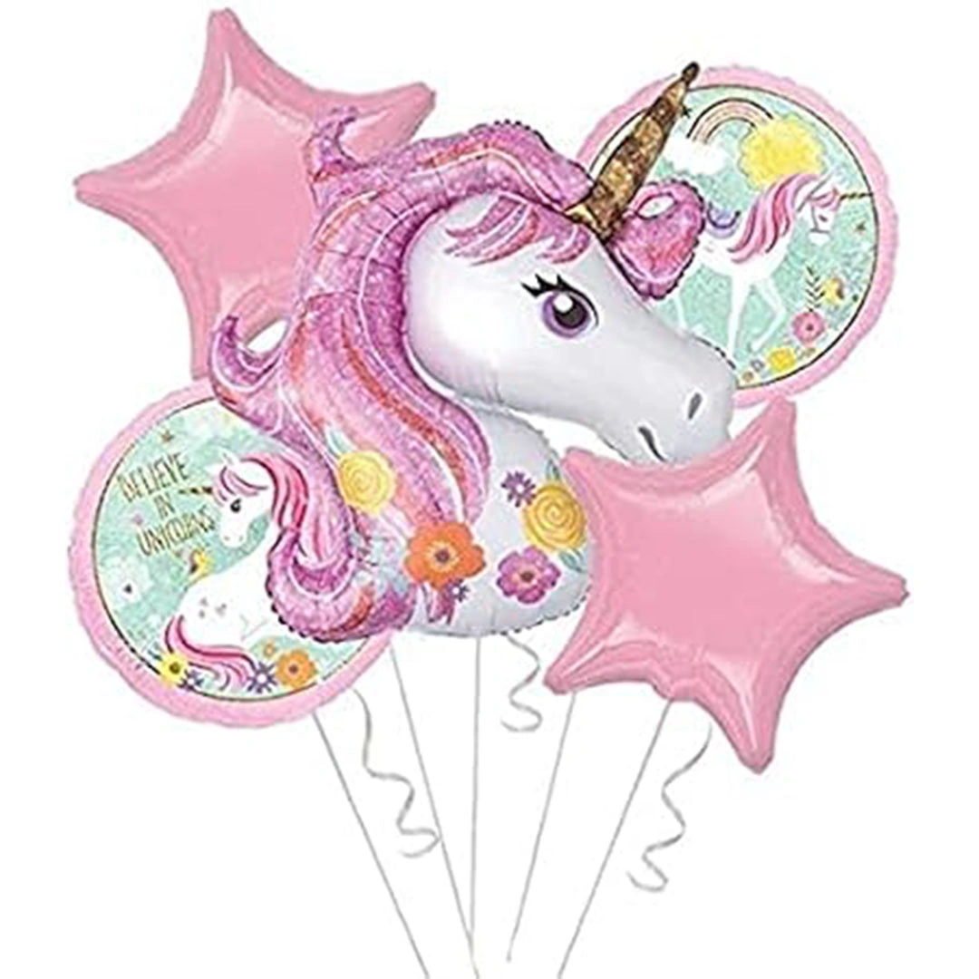 بالونات يونيكورن بينك فويل بألوان متعددة- 5 قطع