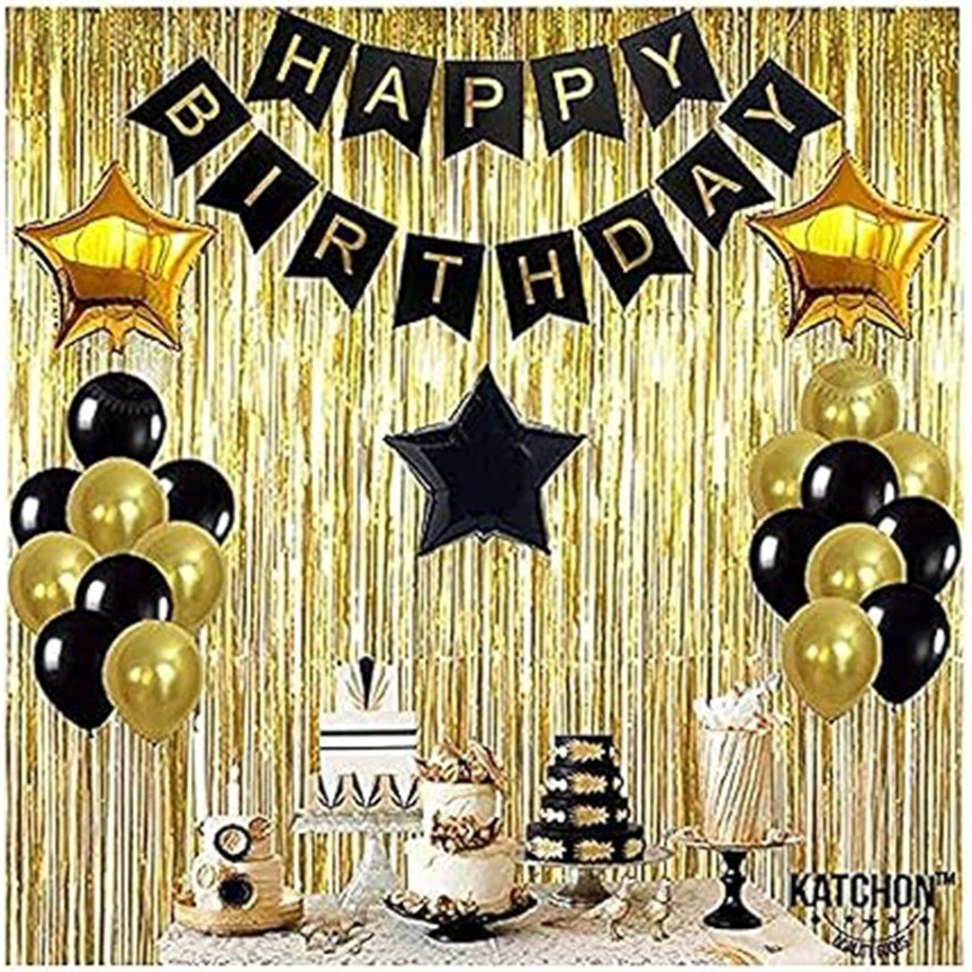مجموعة تزيين حفلات - خلفية Happy Birthday - ذهبي وأسود + كرات ورقية