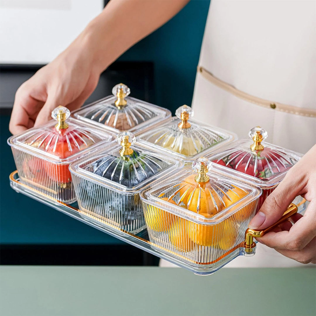 طقم تسالي أكريليك 6 قطع بغطاء مع صحن صوص - شفاف