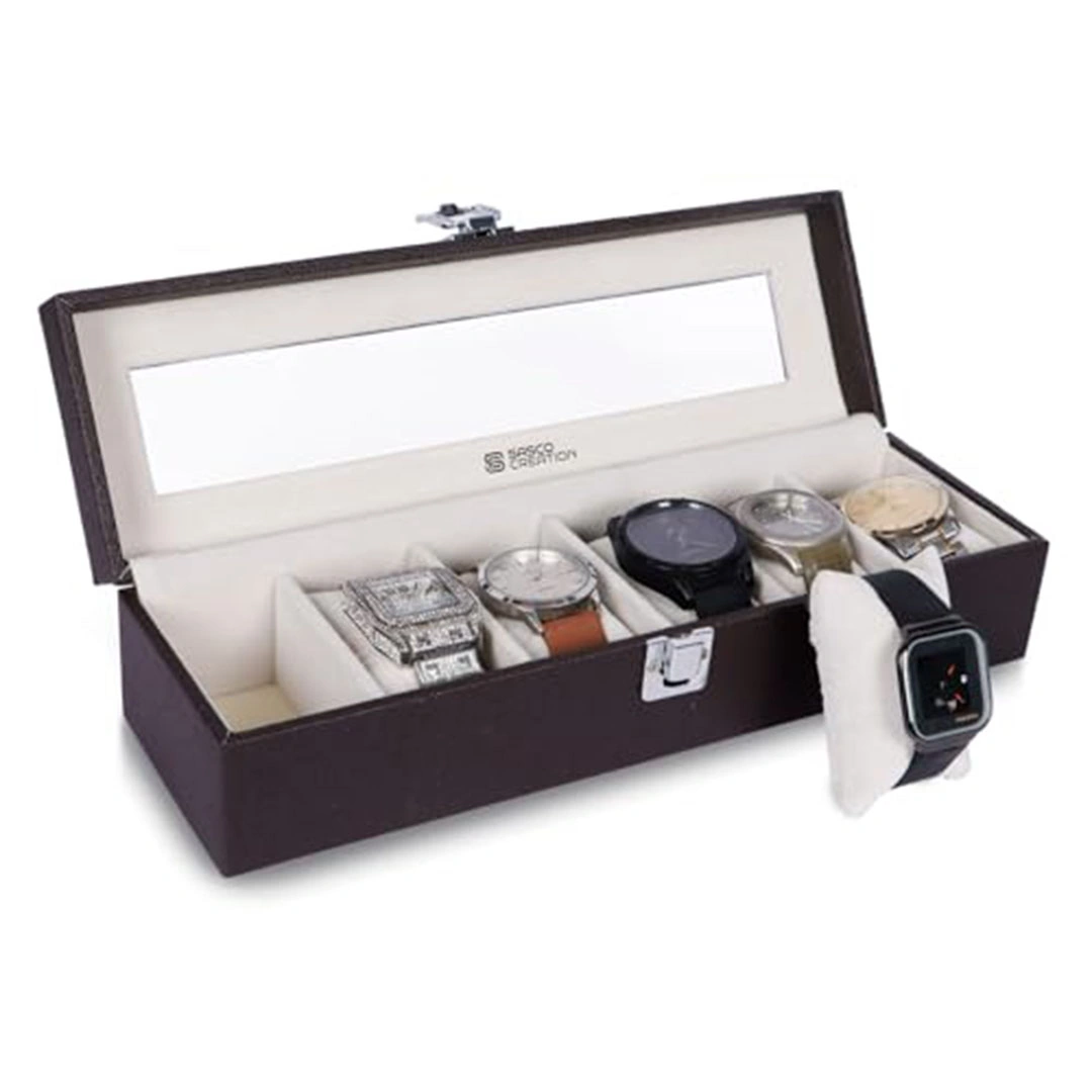 صندوق ساعات جلد 6 فتحات فاخر بغطاء شفاف
