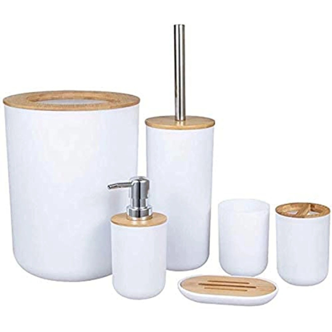 طقم اكسسوارات حمام من خشب الخيزران القابل لإعادة الاستخدام - 6 قطع