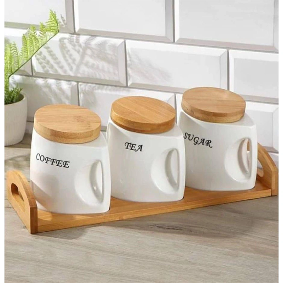 طقم برطمانات بورسلين بأغطية محكمة الغلق من الخيزران - 750 مل