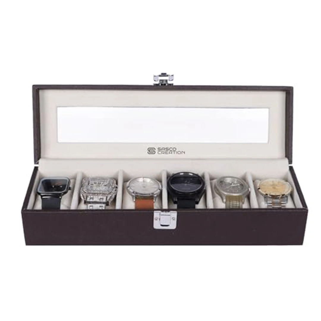 صندوق ساعات جلد 6 فتحات فاخر بغطاء شفاف