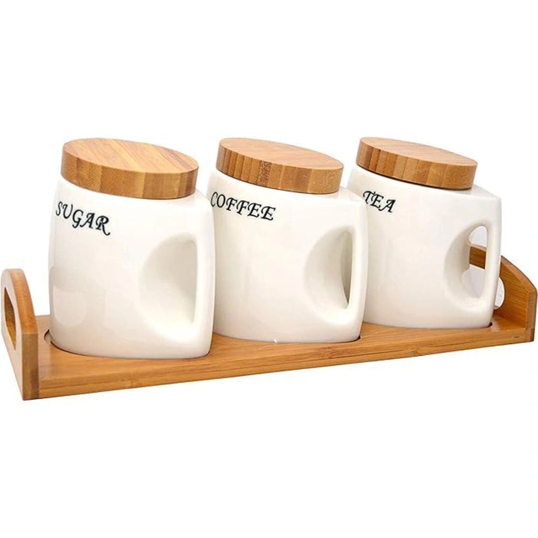 طقم برطمانات بورسلين بأغطية محكمة الغلق من الخيزران - 750 مل