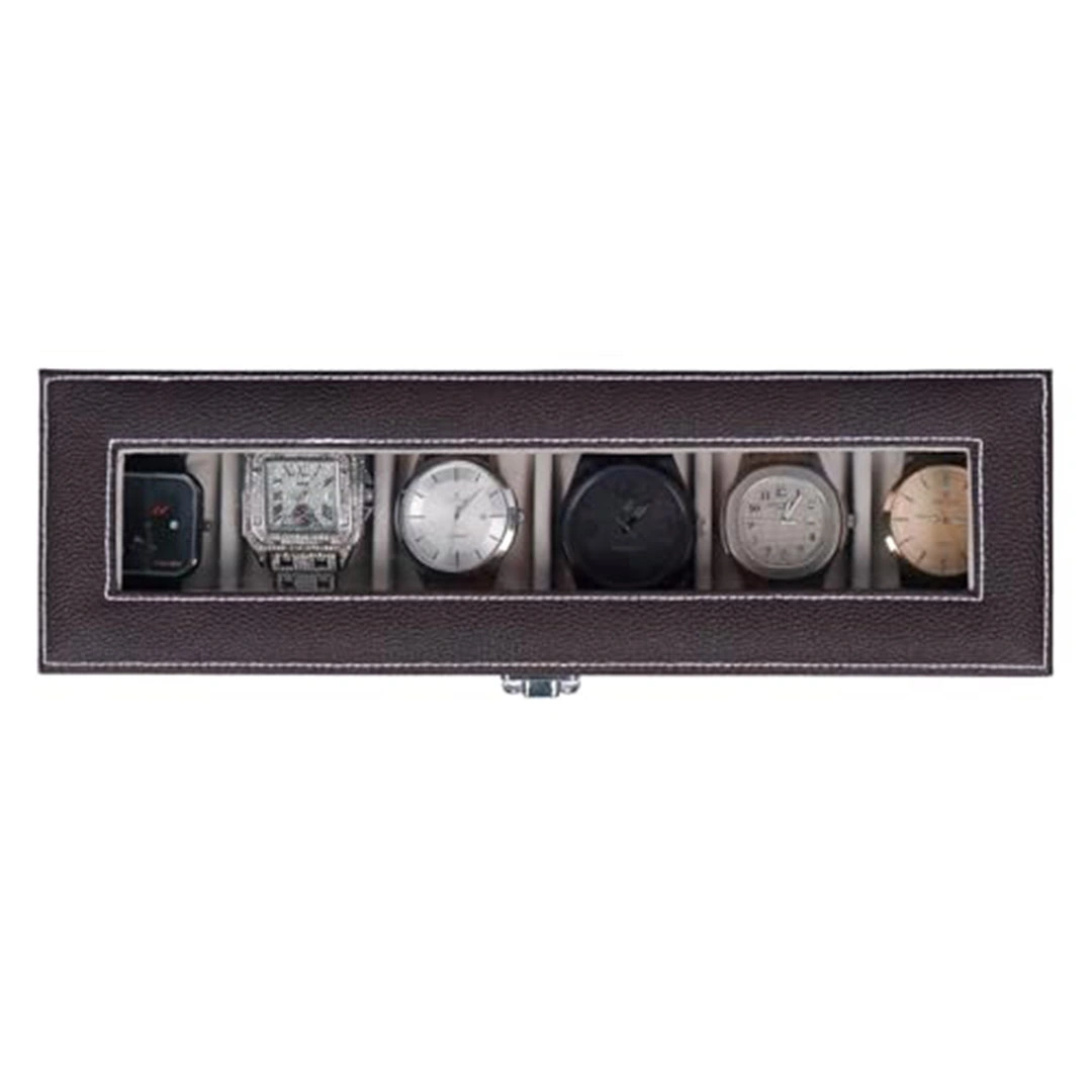 صندوق ساعات جلد 6 فتحات فاخر بغطاء شفاف