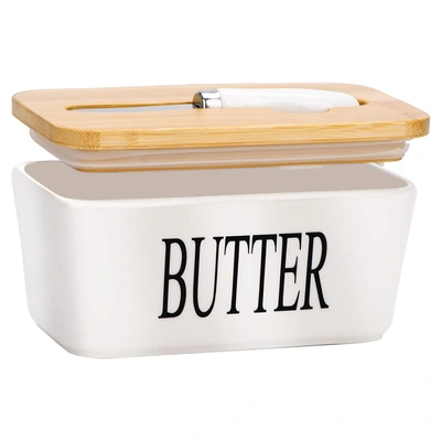 علبة زبدة مع غطاء وسكين - بورسلين - غطاء محكم - أبيض