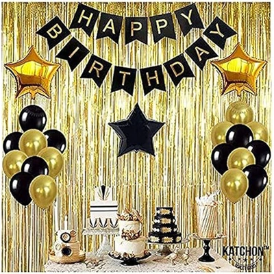 مجموعة تزيين حفلات - خلفية Happy Birthday - ذهبي وأسود + كرات ورقية