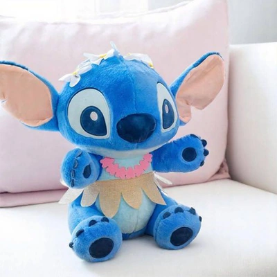 دبدوب ستيتش مع زي هاوايي تاج زهور وتنورة - أزرق - 40 سم