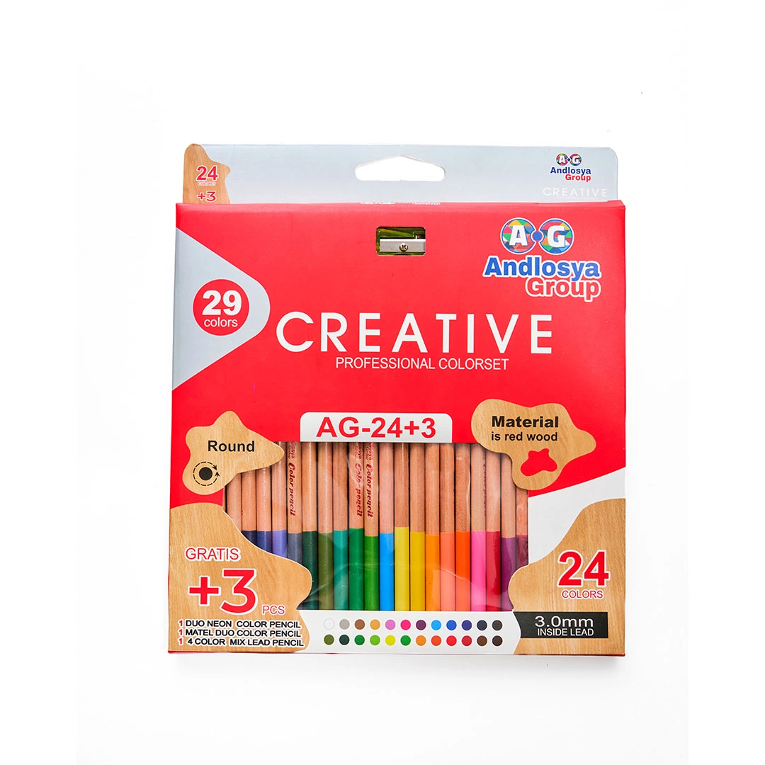 ألوان خشبية كرييتف - 24 لون طويل مع 3 برايات - AG