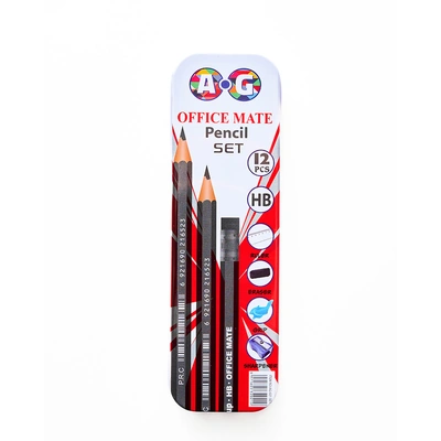 قلم رصاص علبة معدنية ستريب أسود - 12 قلم / استيكة / براية / مسطرة / جريب