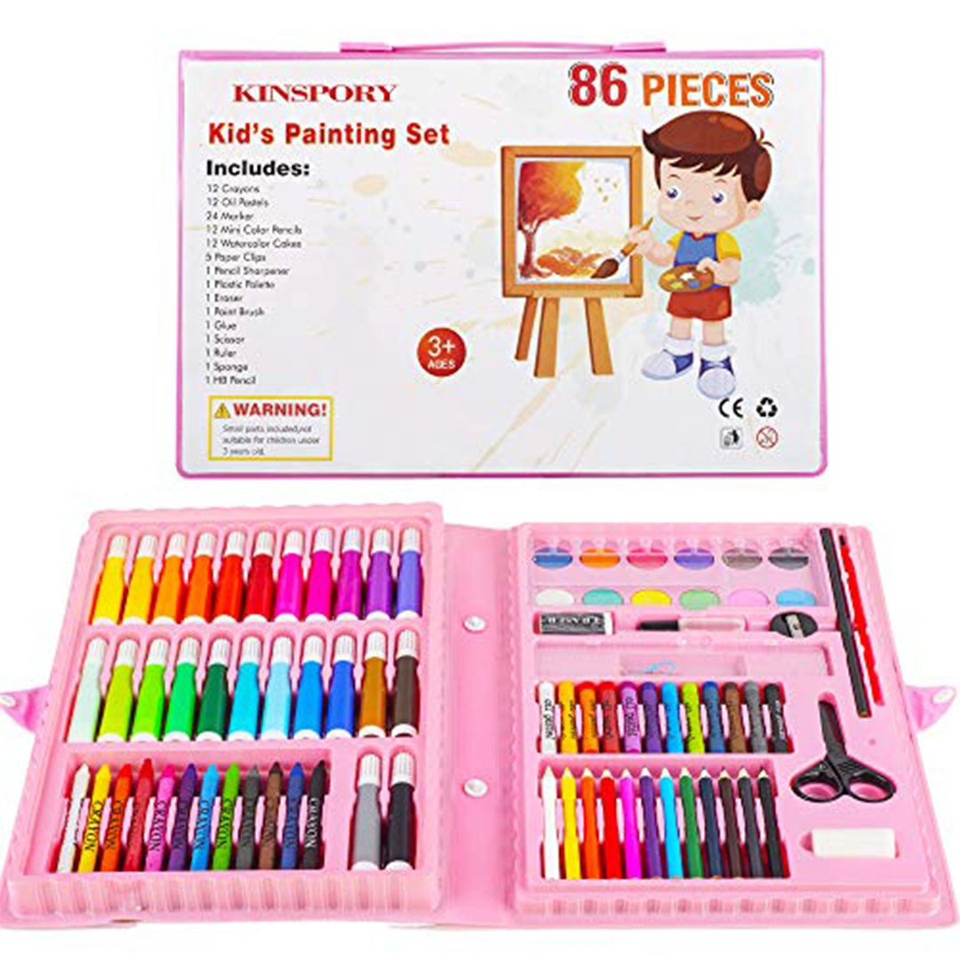 Portable Art Color Set 86 Pieces - Pink with Complete Drawing Tools