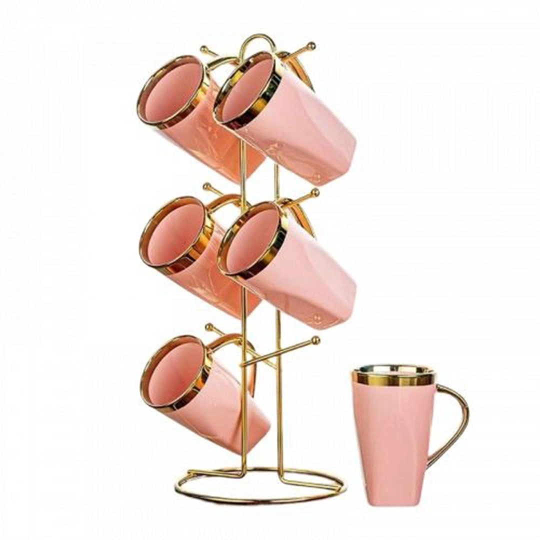 طقم مج شاي من لوتس بورسلين -6 قطع - استاند مدهب - بينك