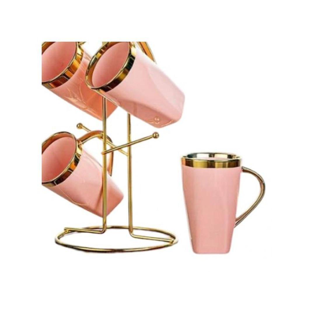 طقم مج شاي من لوتس بورسلين -6 قطع - استاند مدهب - بينك