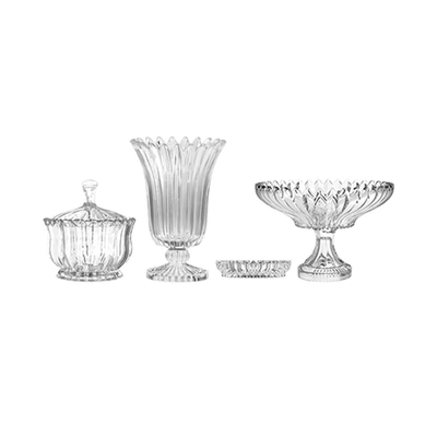 طقم هدية برازيليا - 4 قطع (بونبونيرة + طبق + فازة + طفاية) - زجاج شفاف