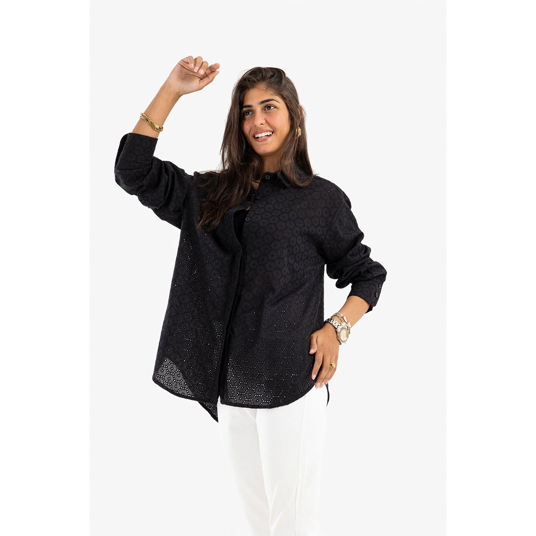 قميص كتان مشجر - أسود 17361