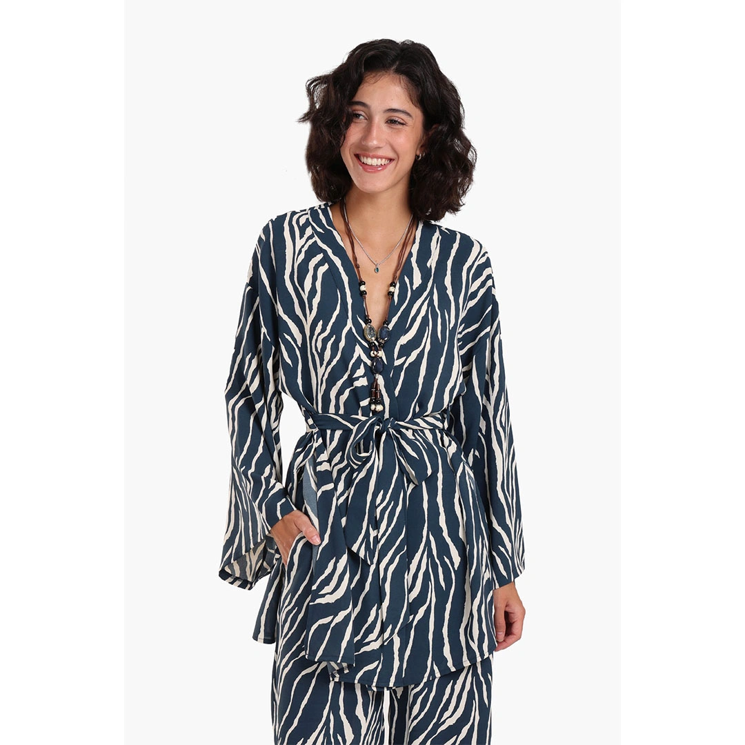 كلو كيمونو حريمي مطبوع بتصميم حمار وحشي - كحلي