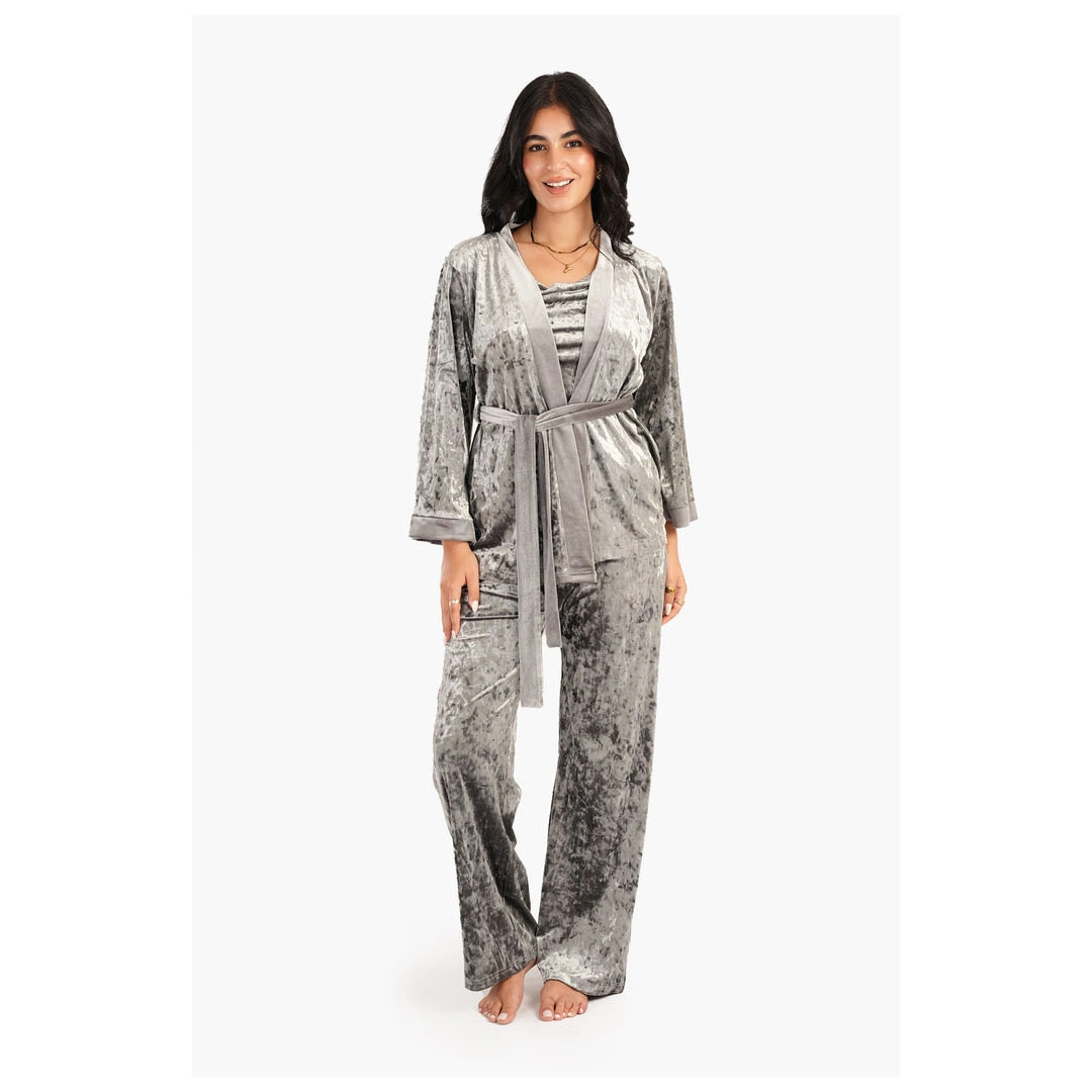 طقم بيجامة حريمي قطيفة - 3 قطع - رمادي - 55777