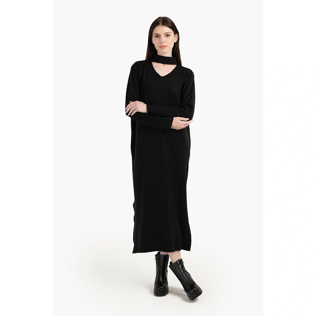 فستان صوف ياقة دائرية حريمي - أسود 17510