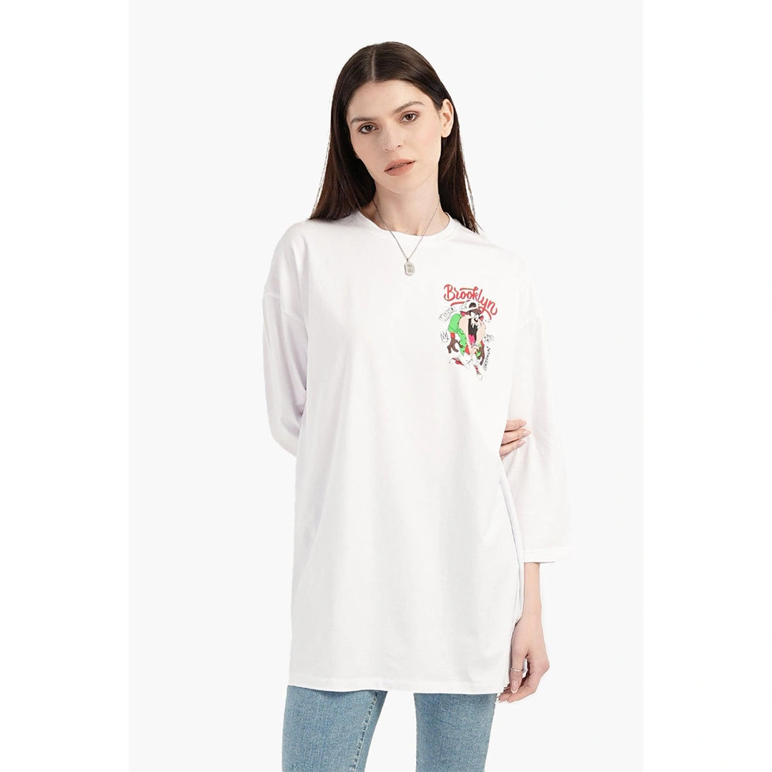 تيشيرت طويل مطبوع حريمي - أبيض 17711