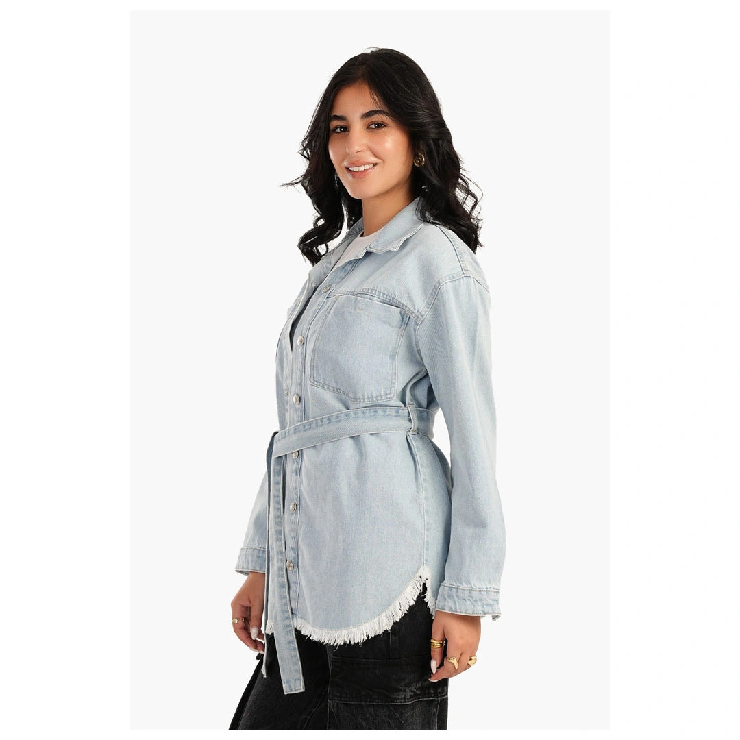 جاكيت جينز حريمي بحزام من كارينا - أزرق فاتح 55726