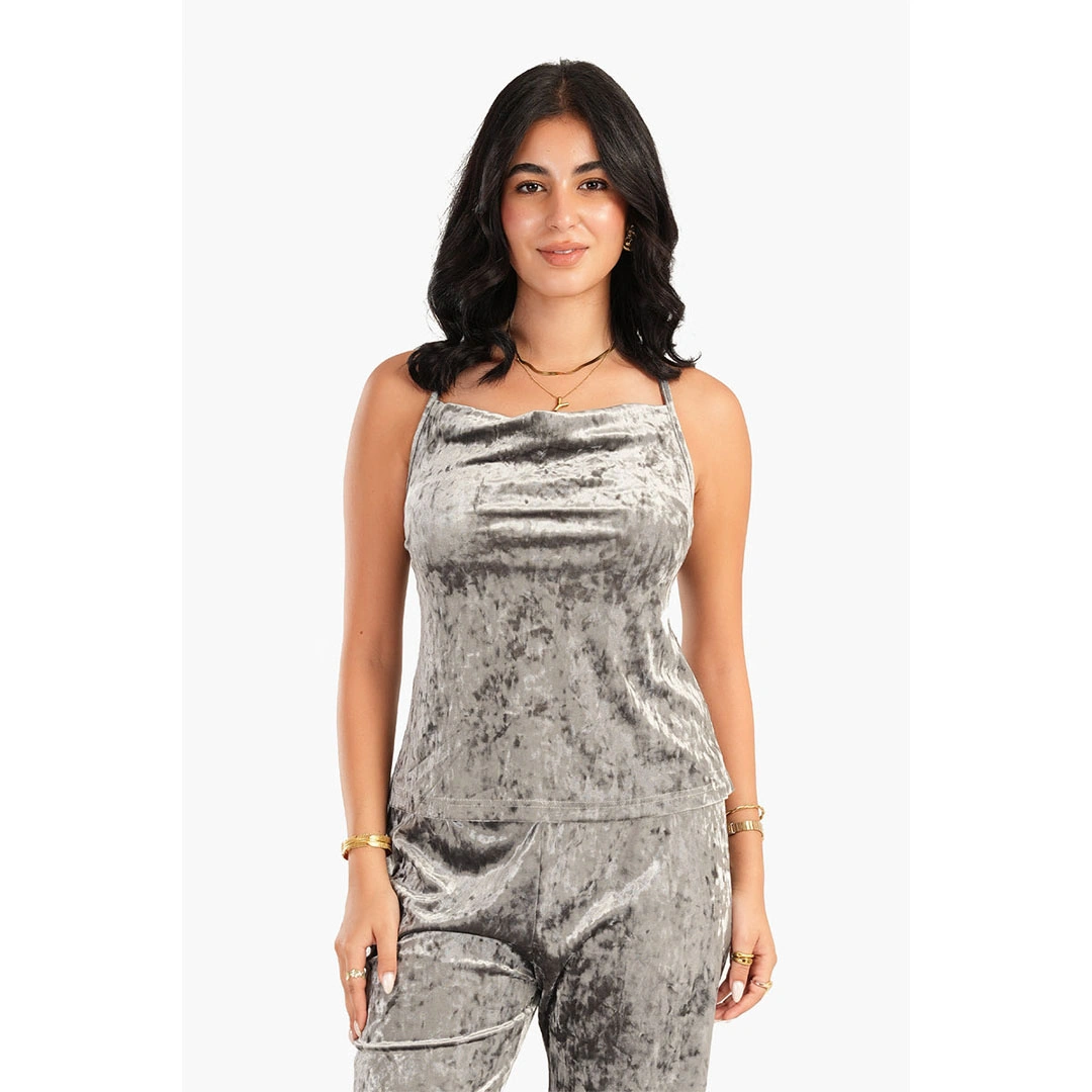 طقم بيجامة حريمي قطيفة - 3 قطع - رمادي - 55777