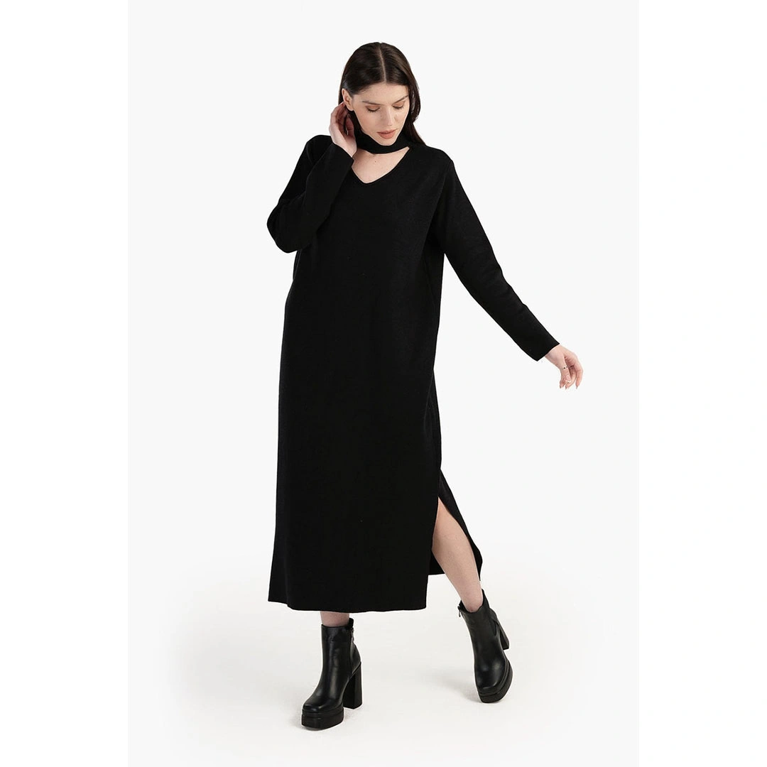 فستان صوف ياقة دائرية حريمي - أسود 17510